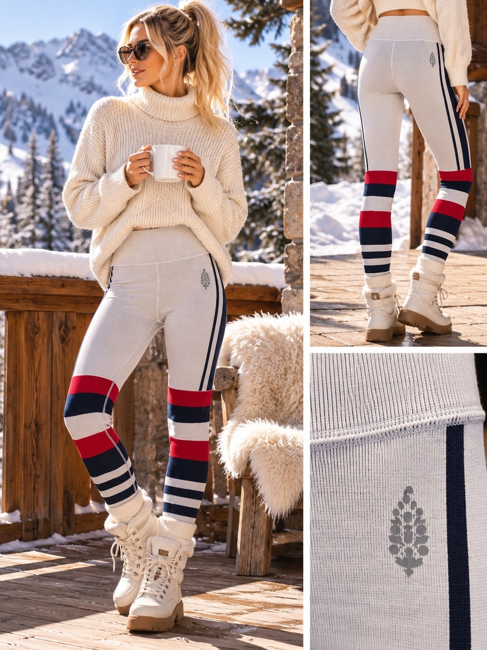 FP Movement by Free People Light Gray Leggings with Red & Navy Stripes